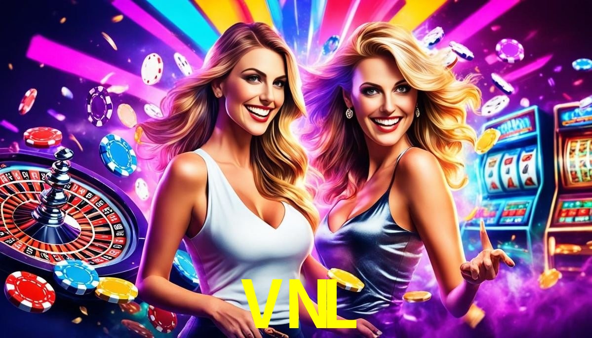 Escena dinámica inspirada en casino con iluminación VNL, cartas, fichas e íconos de juegos digitales en un espacio moderno de juegos.