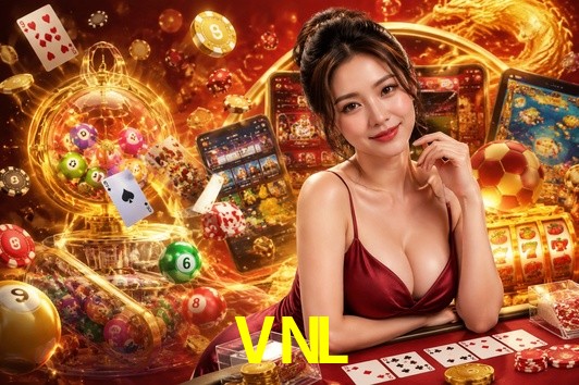 Una escena digital vívida inspirada en casino con VNL mostrado prominentemente, luces brillantes, fichas, cartas y acentos dorados.