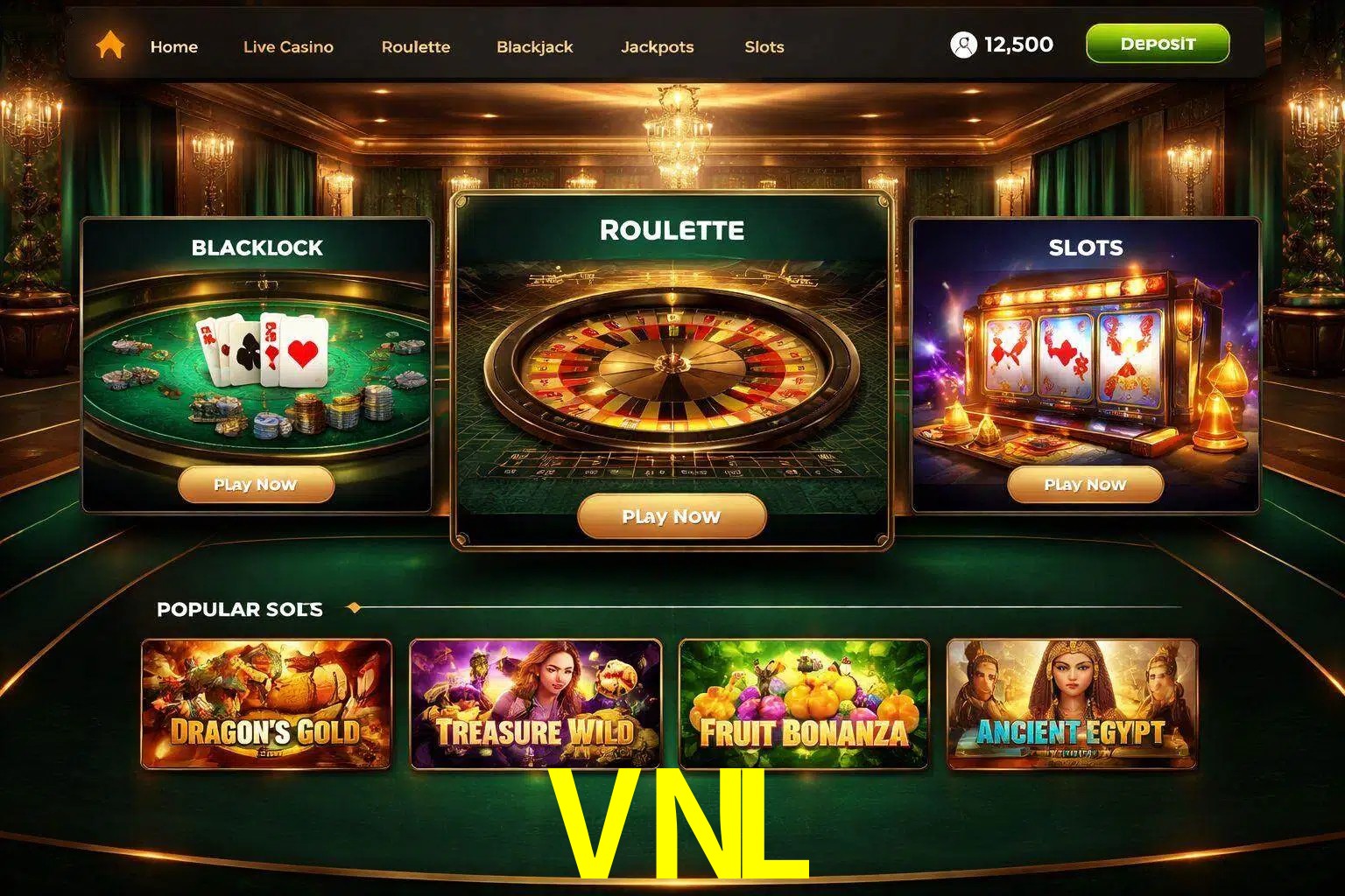 Vista de la plataforma VNL Casino mostrando categorías organizadas de juegos en línea