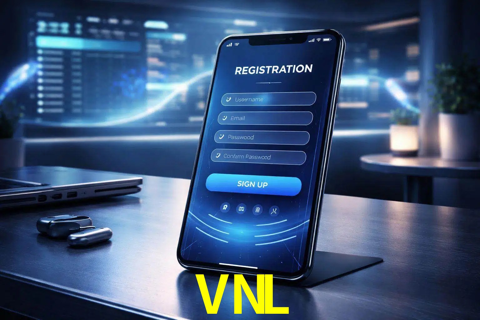 Una interfaz moderna de registro móvil para VNL mostrada en un smartphone con un panel de apuestas elegante.